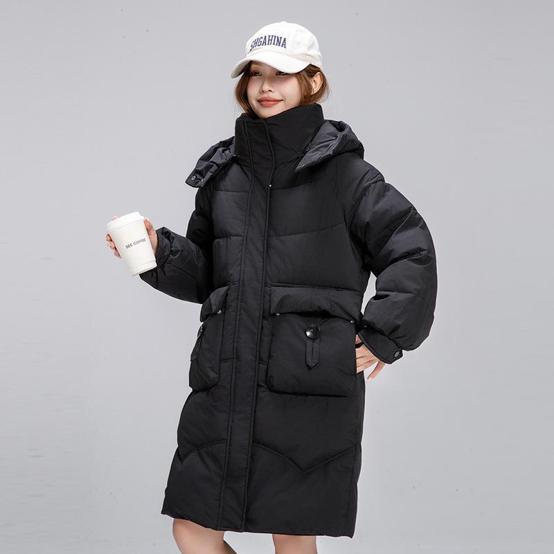 Women's Autumn and Winter Coat Solid Color Stand Collar Hooded Loose Thickened Windproof Mid-length Women's Jacket