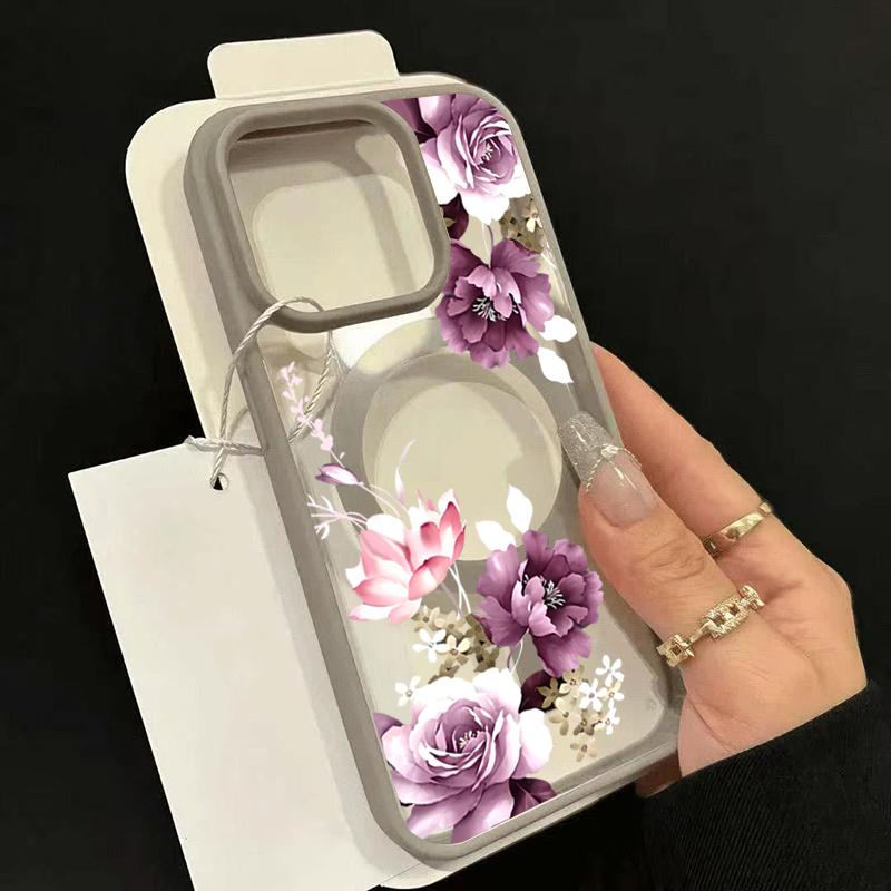 Imprimeu Floral Roz Lavandă pentru Carcasă de Telefon cu Încărcare Wireless pentru iPhone 17 16 15 14 12 13 Pro Max Plus Air 16E 11 Husă Magnetică