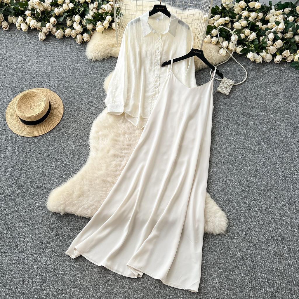 Temperamentsfullt todelt sett for kvinner, nisje lat yttertøy med tynn, løstsittende langermet solskjortejakke + selerkjole