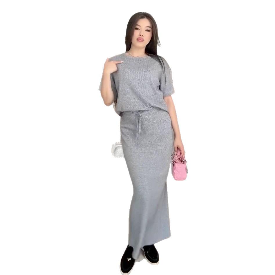 2025 Summer European & American Women's Knitted Short Sleeve Round Neck Top with Midi Skirt