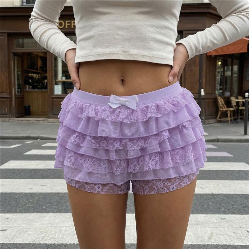 Damen Mesh Spitze Bloomer Shorts Y2k Mehrlagig Rüschen Verspielt Po Shorts Fee Schleife Sexy Boy Shorts Slips Party Clubwear