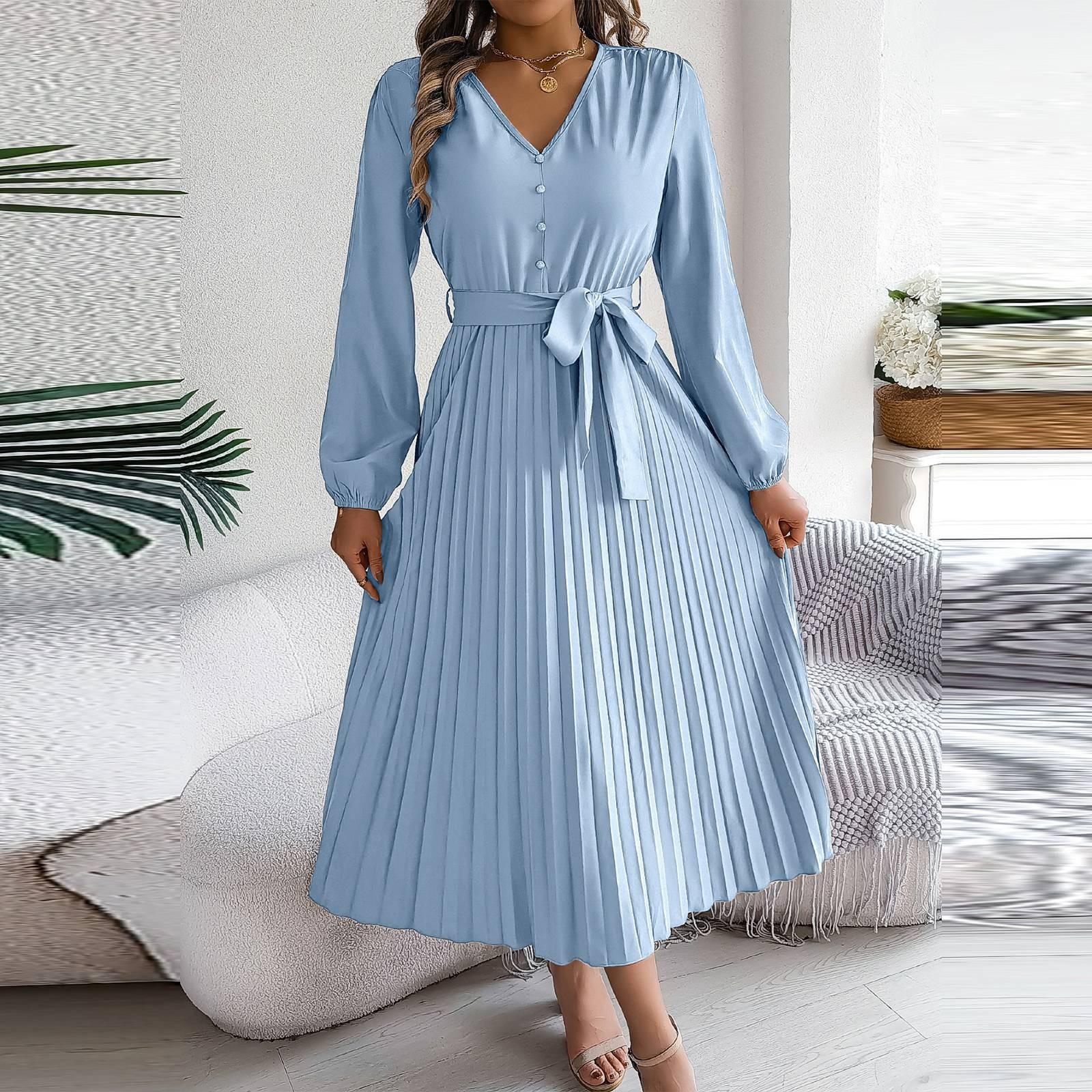 

Женское модное ретро-платье в складку с V-образным вырезом, застежкой на пуговицы и длинными рукавами M