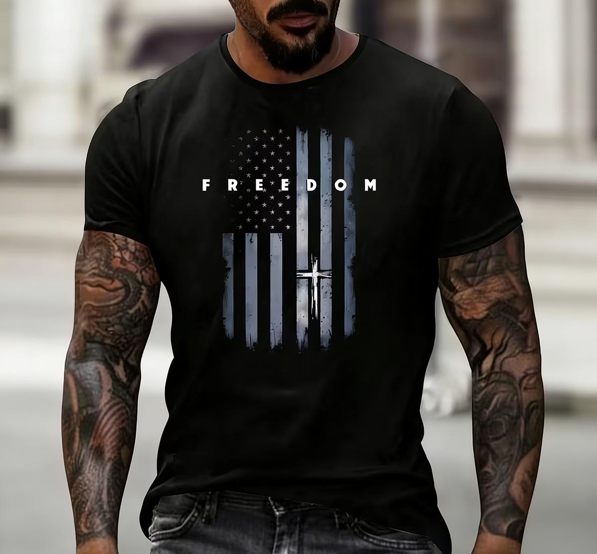 Freedom Distressed American Flag Christian Cross T-Shirt Casual Short Sleeve M