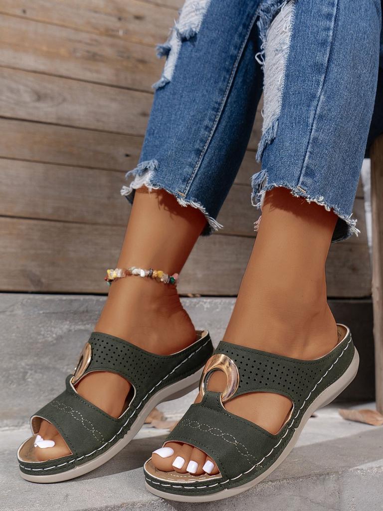 2025 outer size large size summer slope heel cool slippers sewing line thick bottom women's fashion open-toed beach one-word slippers