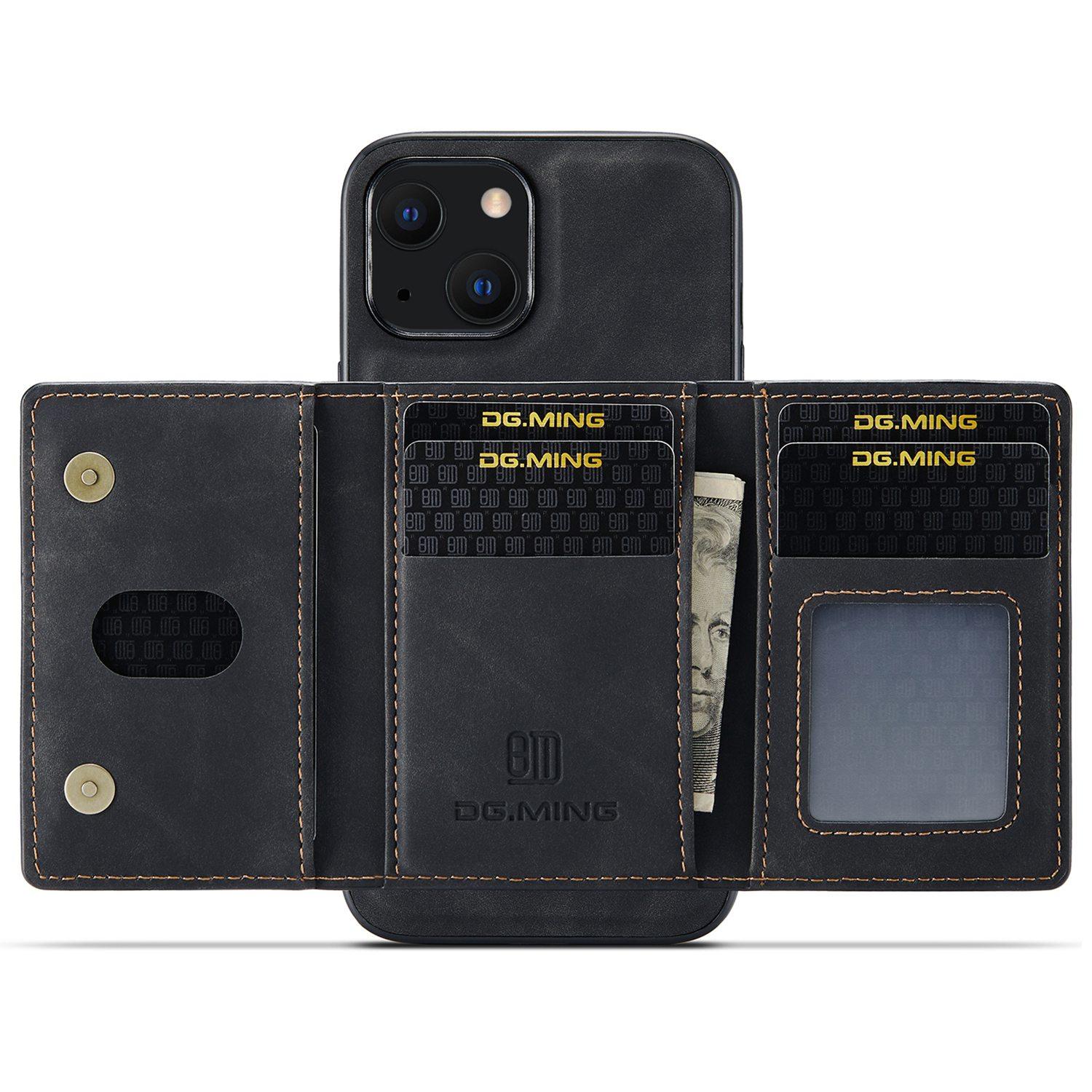 

DG.MING M2 Series for iPhone 15 Magnetic Wallet Phone Case PU+PC+TPU Kickstand Phone Cover Black