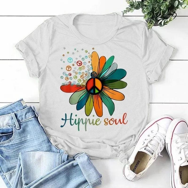 Hippie Soul Sunflower Print T Shirt Women Short Sleeve O Neck Loose Tshirt Summer Women Tee Shirt Tops Camisetas Mujer