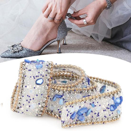 Diamond Ribbon, Dazzling 2.5cm DIY Diamond Mesh Wrap Roll Crystal Rhinestones Chain Trim Ribbon Decoration (Sapphire Blue Stone + Gold Bead Chain)