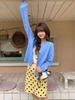Cardigan de Malha com Bolinhas Coreano Feminino - Azul, Primavera/Outono