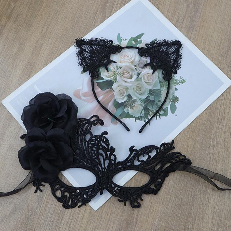 Elegant Lace Half Face Mask with Detachable Cats Ear Headband Hair Decors for Halloween Cosplay Costume Parties