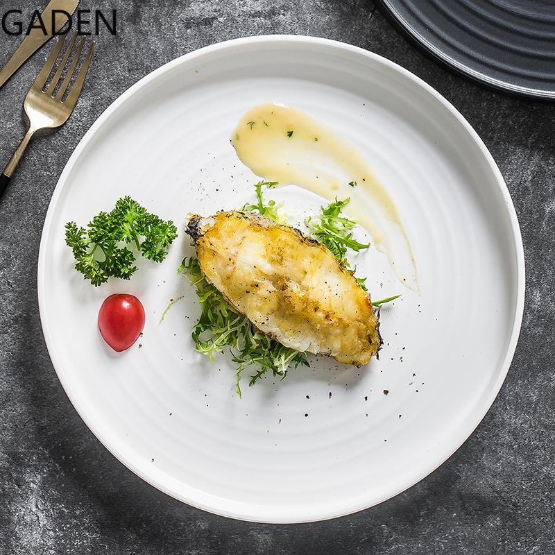 Tray Design, Multi-purpose Decoration, Simple Straight Side Dinner Plate, Black and White Threaded Restaurant Tableware