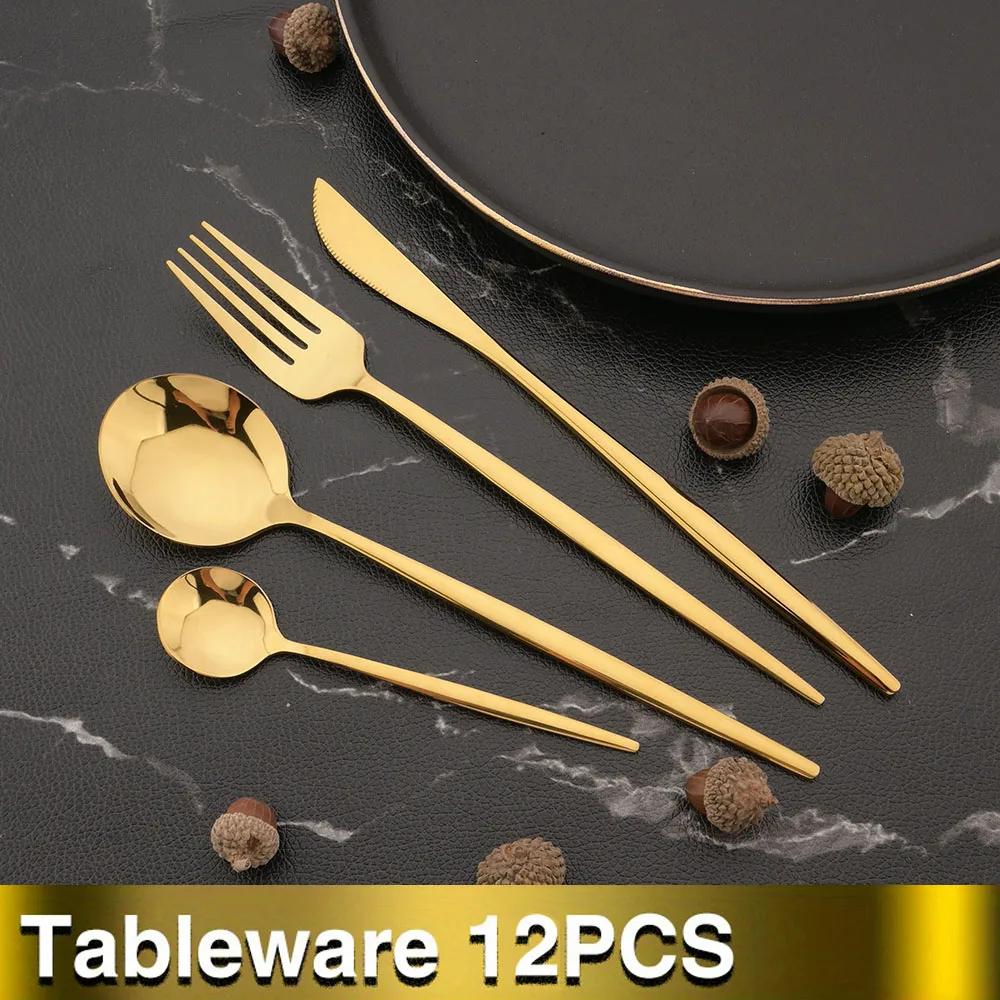 12Pcs Mirror White Gold Cutlery Set Stainless Steel Tableware Knife Fork Coffee Spoon Dinnerware Set Kitchen Flatware Silverware