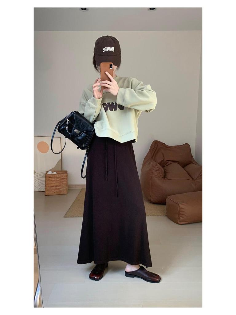 Korean Style High Waist Knitted A-Line Midi Skirt for Women