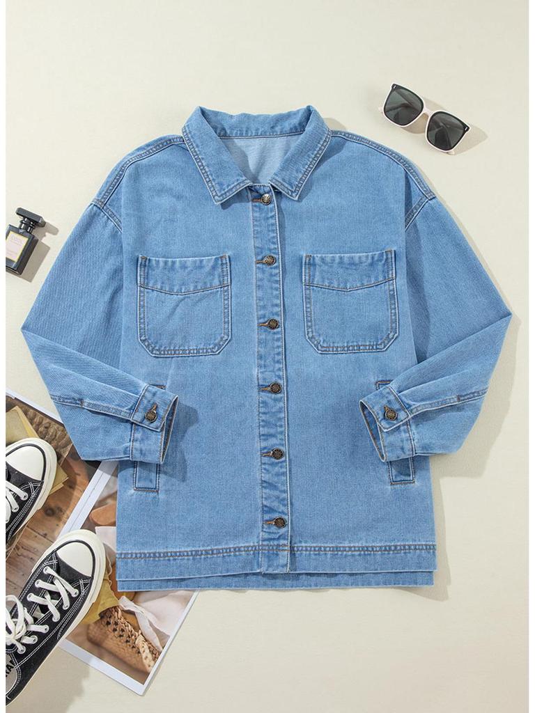 European & American Style Women's Denim Jacket with Large Pockets and Button Long Sleeves