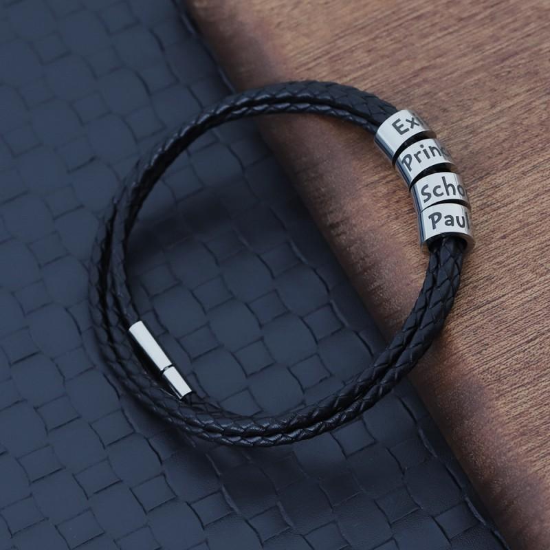 Mens Black Leather Cord Bracelet With Custom Engraved Letters Stainless Steel Beads Adjustable Woven Design Fathers Day Gift