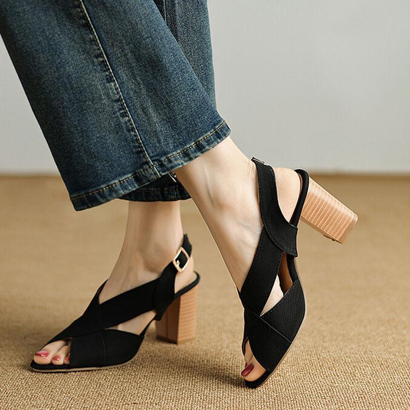 Shoes for Women 2025 New Summer Open Toe Women's High Heels Slingback Sandals 7.5 Cm Thick Heels Sandalias Mujer WSH5257