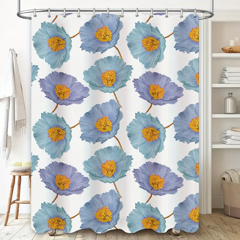 Bathroom Decor Shower Curtain With Blue Floral Print Modern Bath Accessories For Home Decoration White Waterproof Fabric