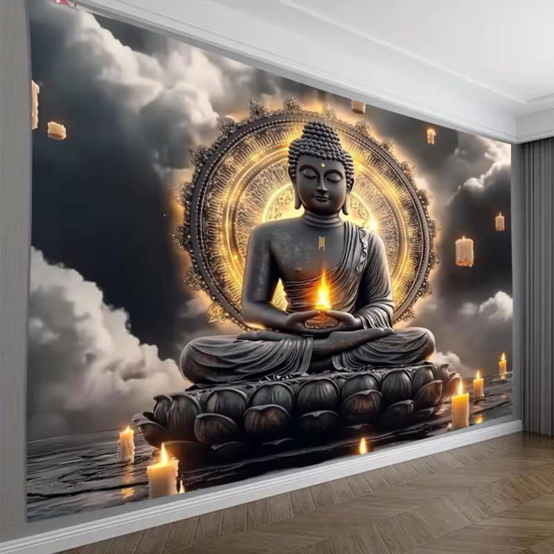 

2D Calming Zen Tapestry Buddha with Candles & Clouds Home Background Decor 47.2x31.5inch/120*80cm