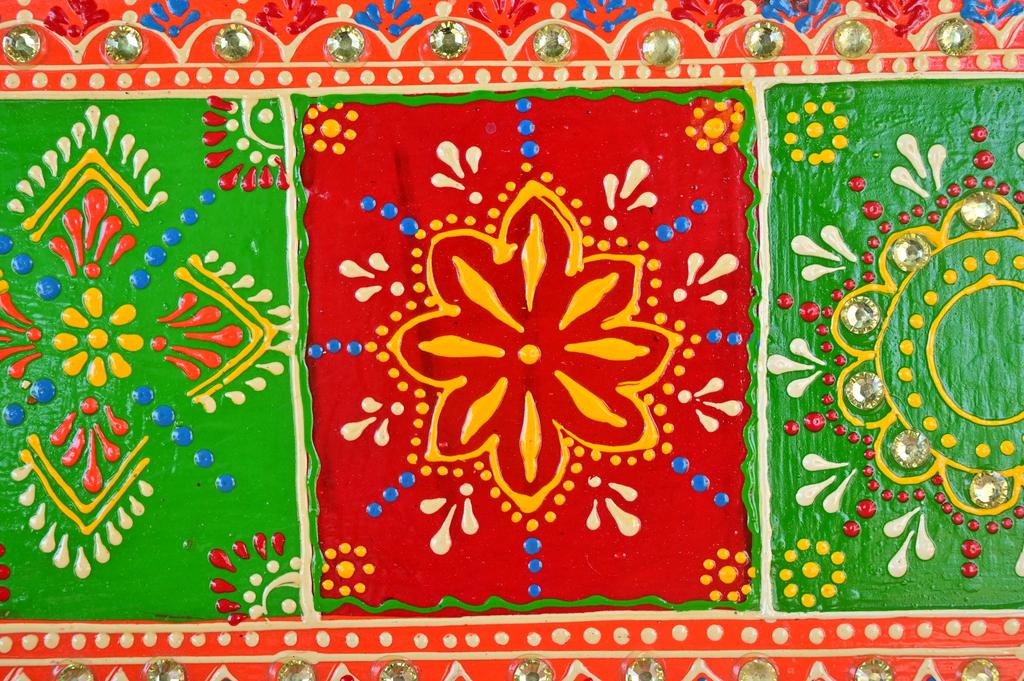 Indian Folk Art Mirror Work Wood Wall Panel: Hand-Painted Bright Ethnic Home Decor