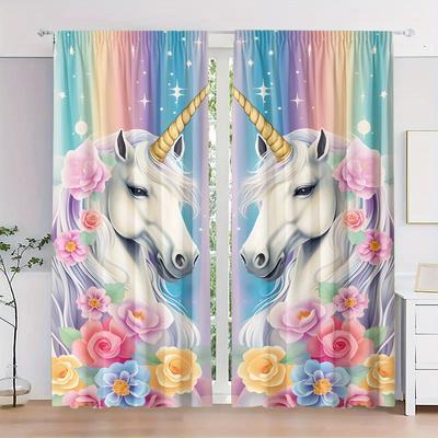 Unicorn Flower Theme Print Drapes Room Darkening Window Curtains for Home Decor,Rod Pocket Blackout Curtains Bedroom