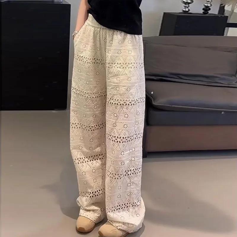 Letní dámské štíhlé kalhoty s vysokým pasem, krajkové, s dutými nohavicemi, délka na zem, široké nohavice, volné, duté, tenké, ležérní, rovné kalhoty
