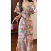 French romantic elegant retro ruffle edge cloak collar floral dress women's summer waist and thin temperament long dress