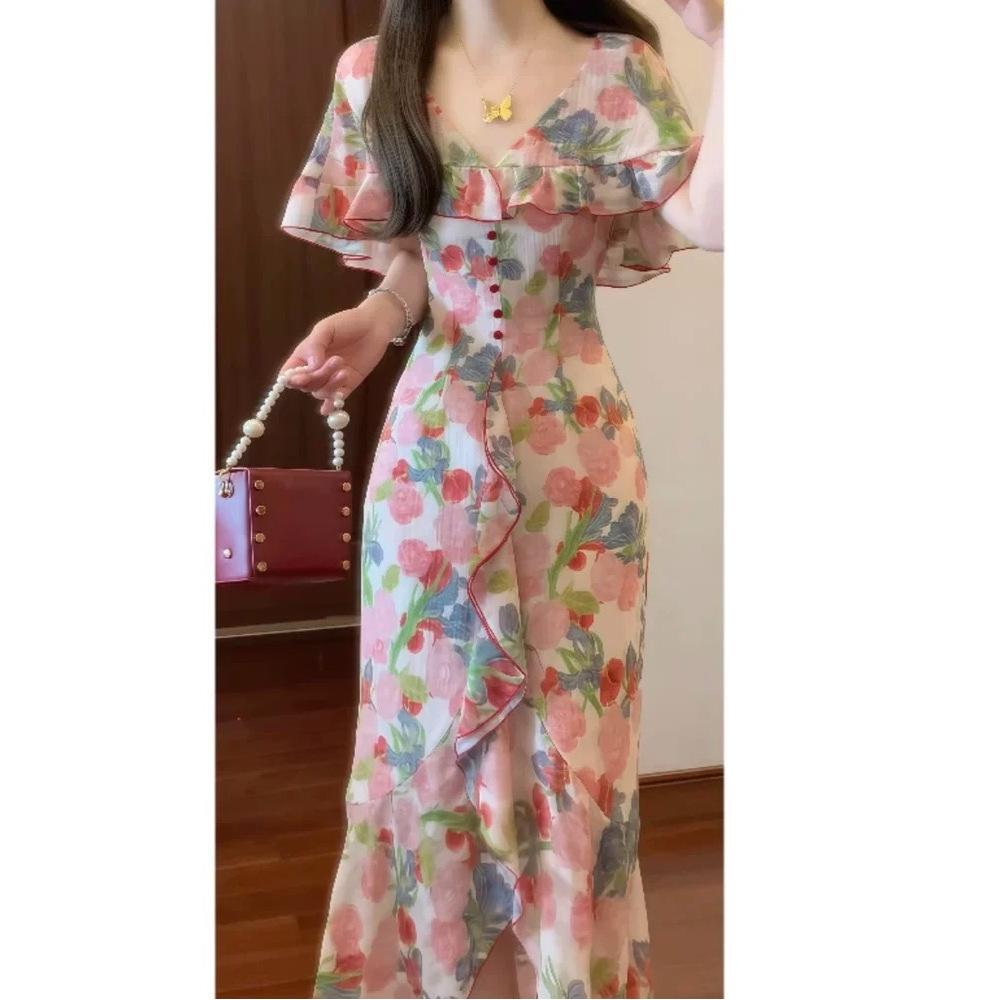 French romantic elegant retro ruffle edge cloak collar floral dress women's summer waist and thin temperament long dress