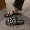 Women's 2024 Summer Square Toe Canvas Plaid Flat Sole Roman Sandals