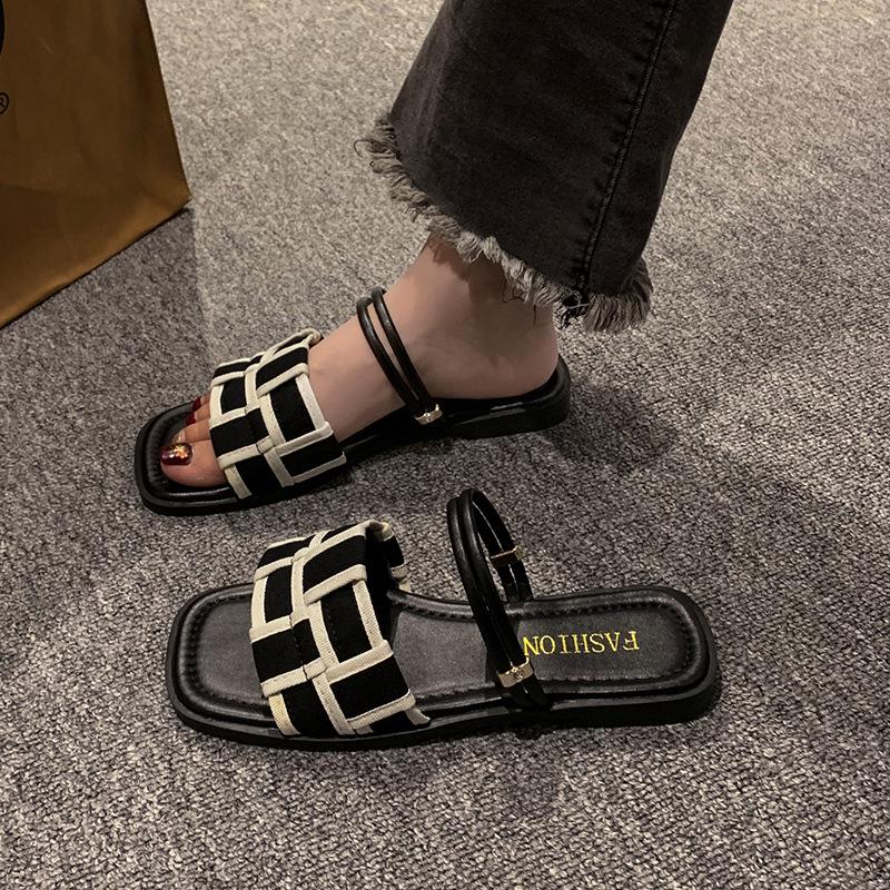 Women's 2024 Summer Square Toe Canvas Plaid Flat Sole Roman Sandals