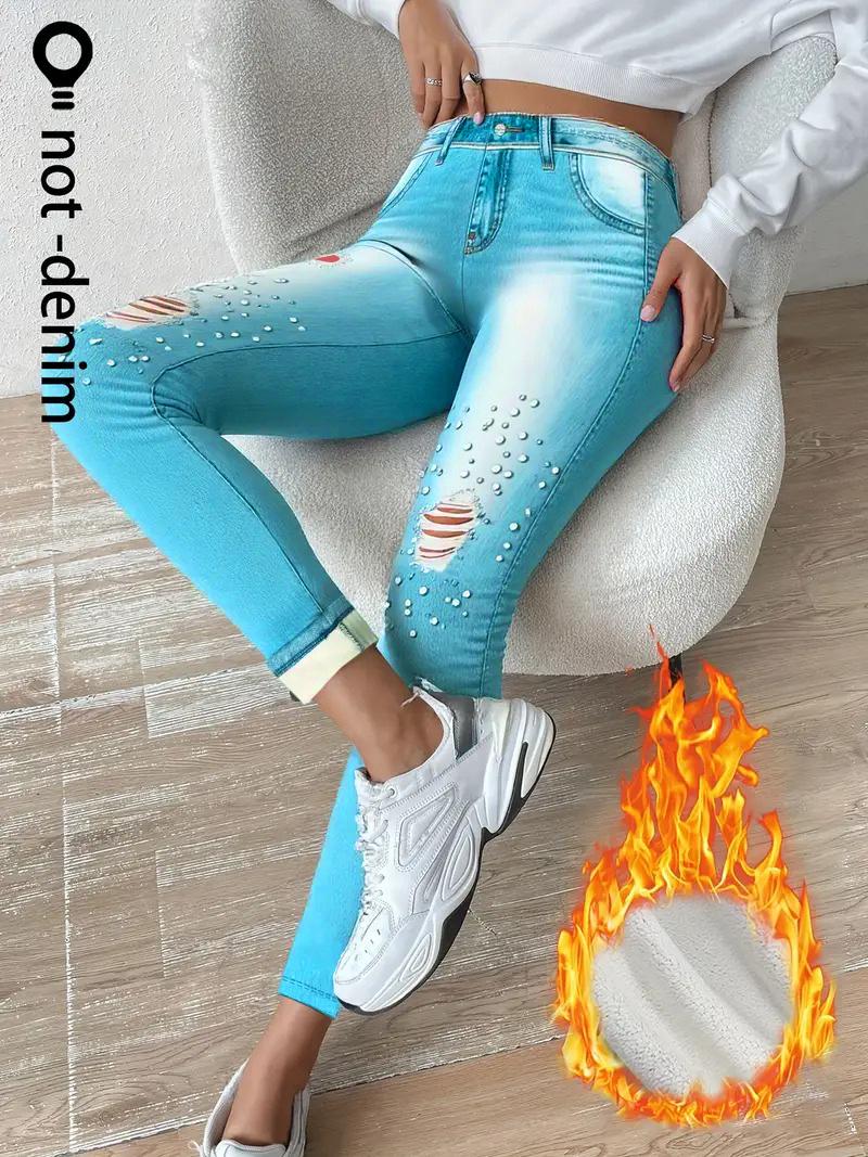 Plus Size Women s High Stretch Faux Denim Printed Leggings with Velvet XXXL