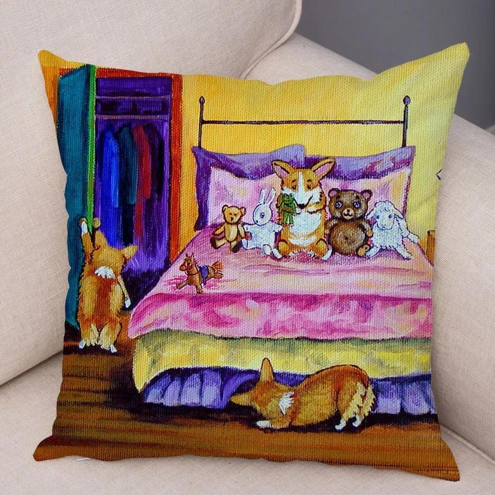 Cute Pet Dog Welsh Corgi Animal Print Cushion Cover Sofa Home Car Pillow