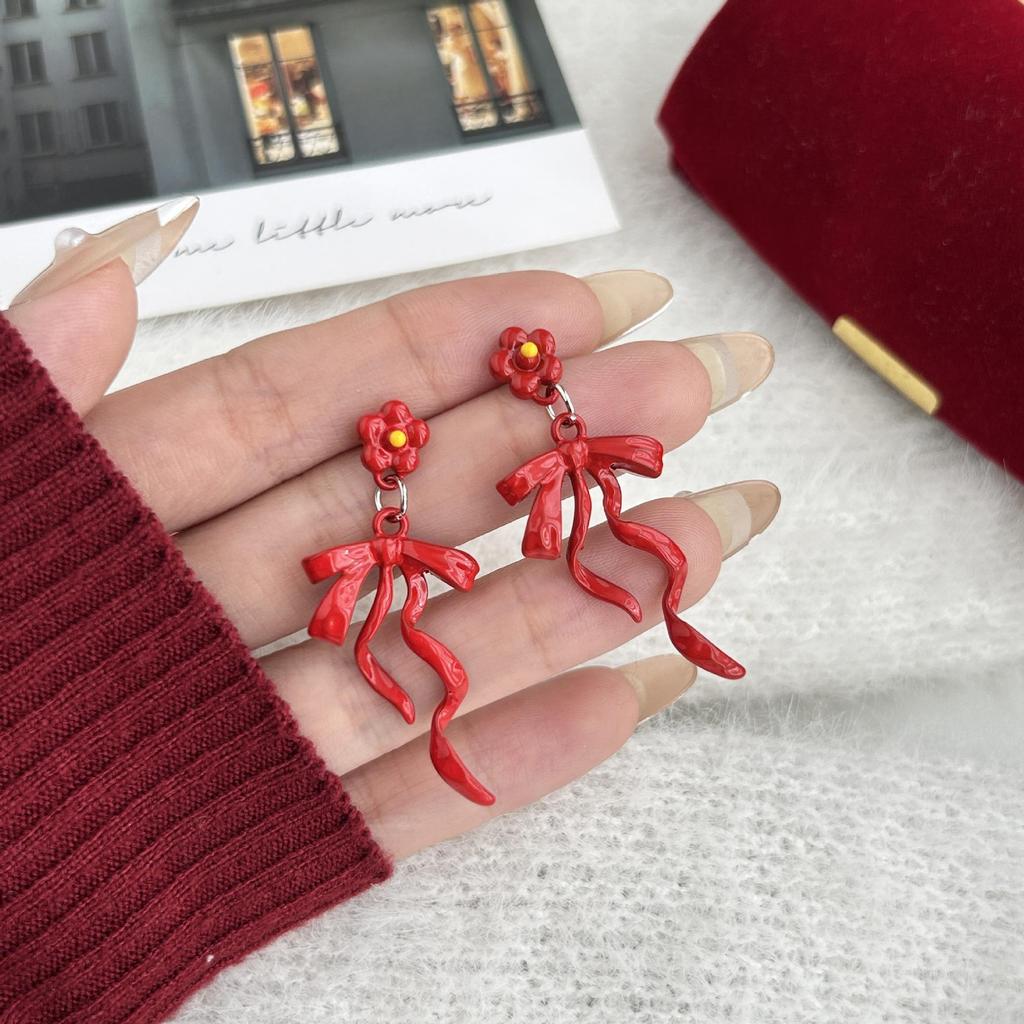 Red Bow Drip Oil Earrings: 925 Sterling Silver Autumn/Winter Studs for Women