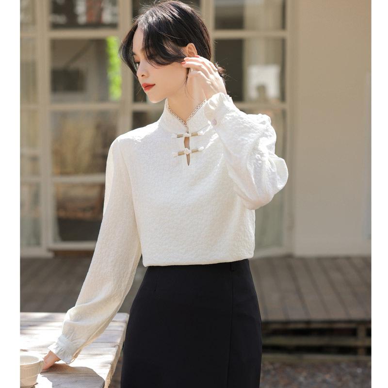 Podzimní Dámská Móda s Dlouhým Rukávem a Stojáčkem, Módní Top s Bufetovými Rukávy v Čínském Stylu, Univerzální Žakárová Halenka