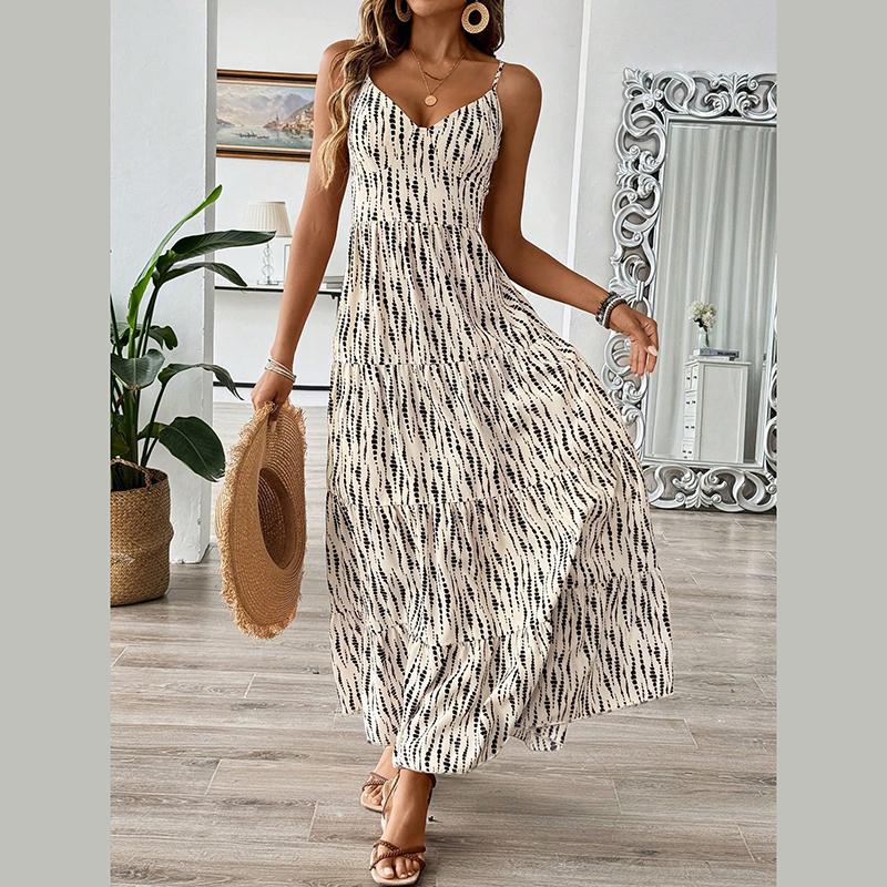 Women Summer Bandage Backless Holiday Beach Irregular Striped Printed One Piece Dress