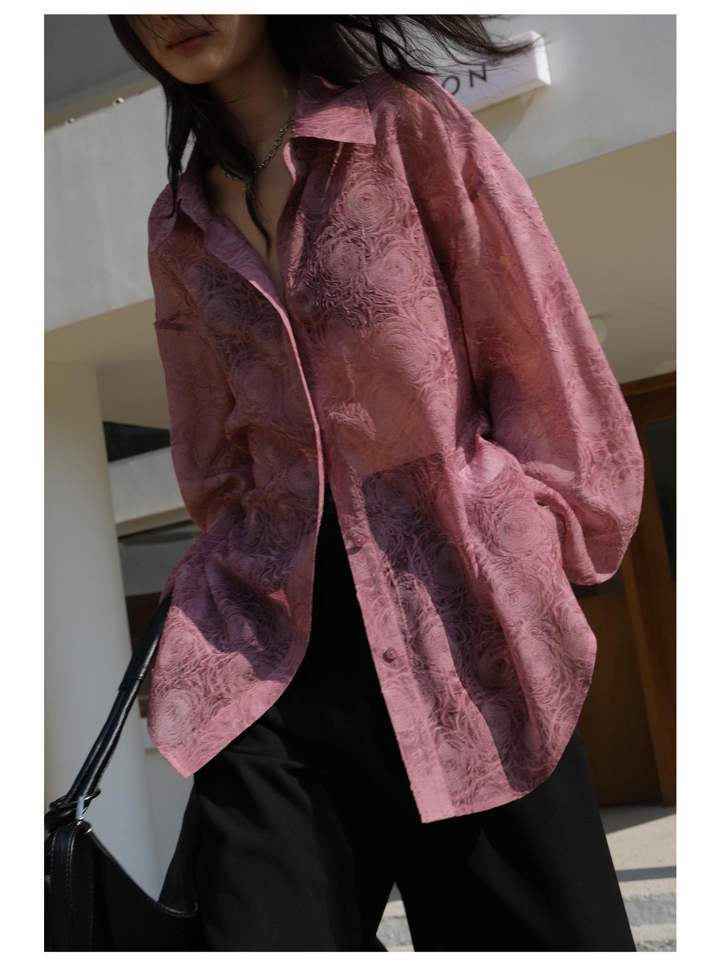 

Spring Chic Embossed Long-Sleeve Blouse with Sheer Design