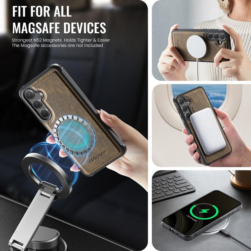 Magnetic Wireless Charging Leather Flip Phone Case for Samsung Galaxy S25 Edge S24 Ultra Plus A56 A36 A26 A16 Wallet Card Cover