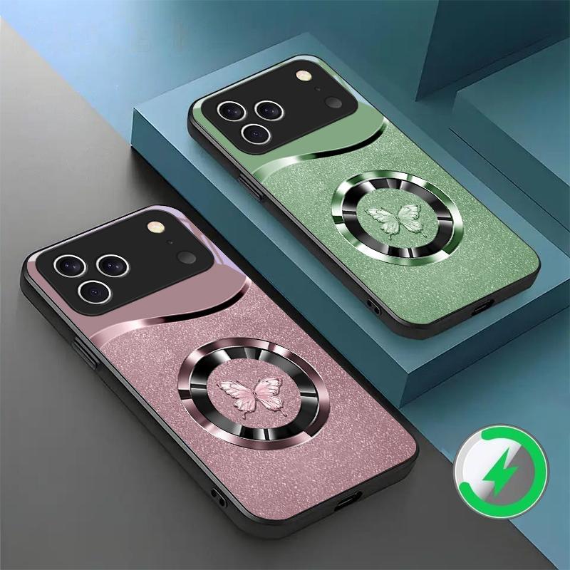 Circular metal butterfly For iPhone 16E 15 Pro 14 13 Plus 12 mini 11 15Pro 14Max XR Xs 8 P lus 16 For Magsafe Glass Phone Case