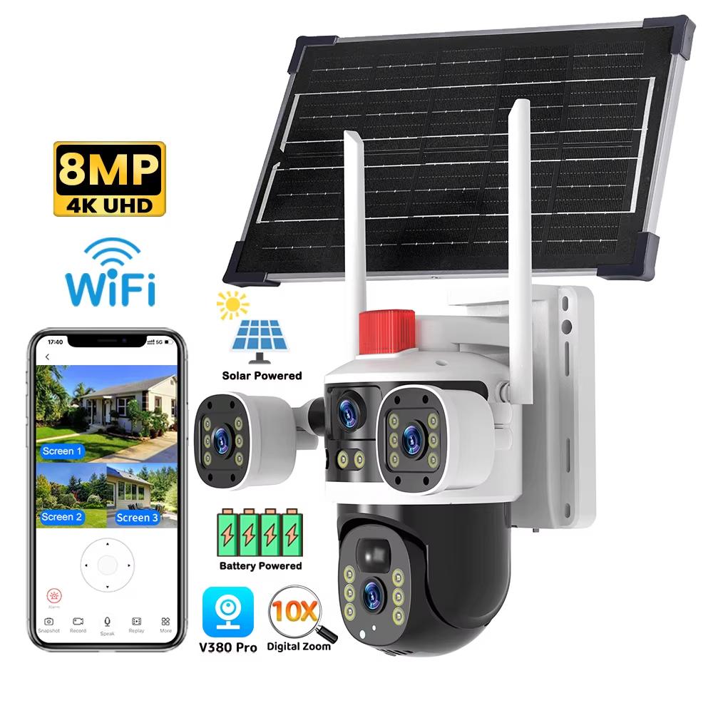 

8MP Multi-Lens 3-screen CCTV Camera 4G WIFI Wireless Solar Panel Powered Surveillance PTZ Camera Waterproof Outdoor V380Pro Night Vision WiFi Cam
