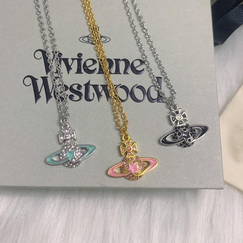 High-end Empress Weiwei Ann European And American Minimalist Hip-hop Niche Drip Glue Pentacle Inlaid Diamond Saturn Pendant Necklace