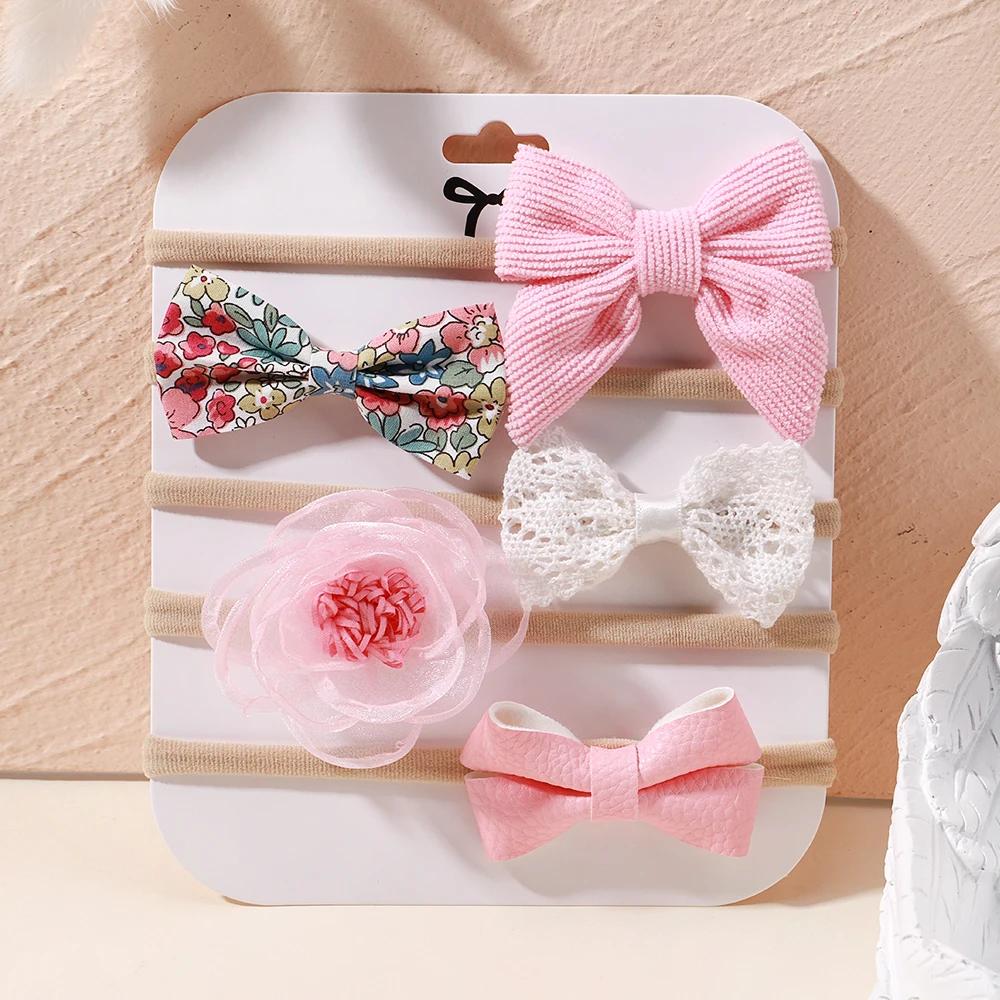 5Pcs/lot Baby Elastic Nylon Headband Newborn Sweet Flower Lace Bow Hair Bands for Babe Infant Toddler Soft Girl Hair Accessories
