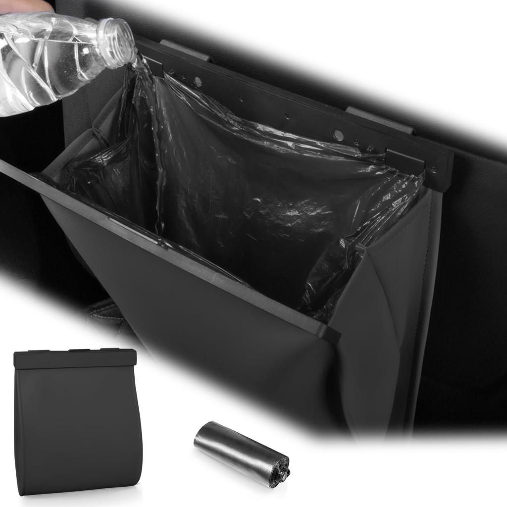 Car Trash Can with PU Large Fits Back Storage Car Trash Bag Included Lid, Waterproof, Leather, Foldable, Slim, Capacity, Space-Saving Design, Hooks,
