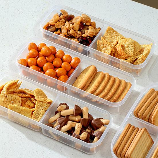 2Pcs Slim Meal Prep Boxes with Lids Long Clear Snack Containers with 2 or 3 Compartments Narrow Stackable Refrigerator Organizer for Fridge Pantry