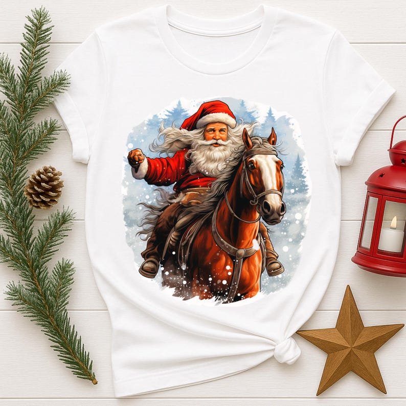 Merry Christmas Funny Santa Riding Chinese Zodiac Horse TShirts Mugs Wall Art Graphic Tshirts Street Fashion Shirt Cotton Tee