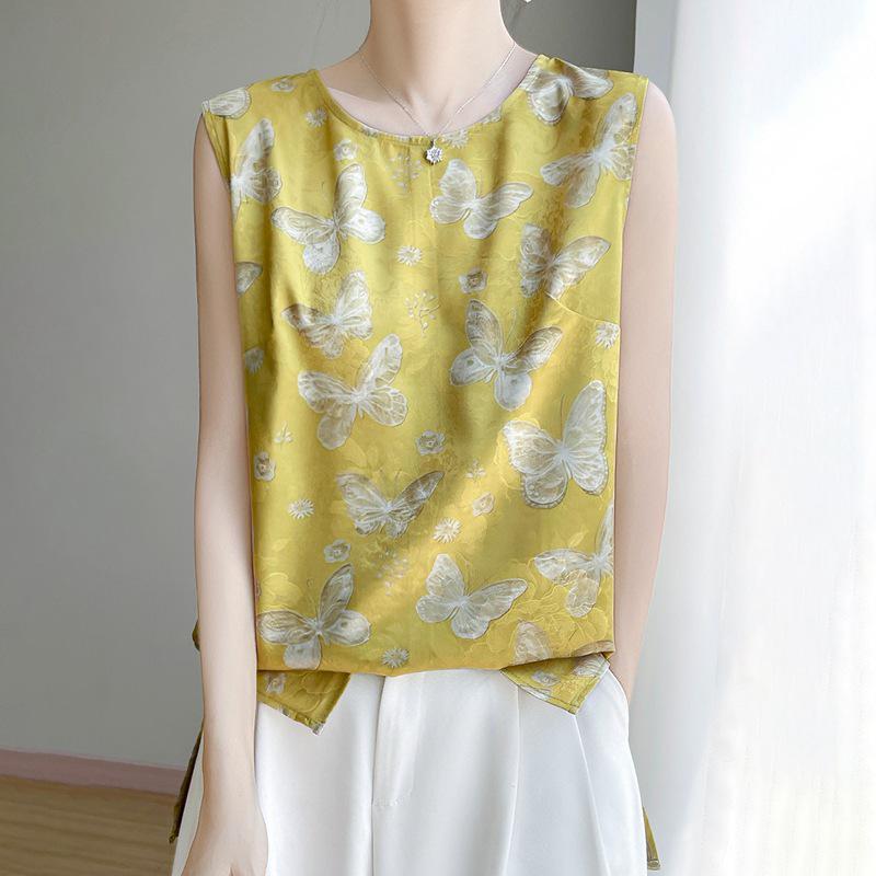 2025 Summer Women s Ice Silk Sleeveless Round Neck Printed Camisole M