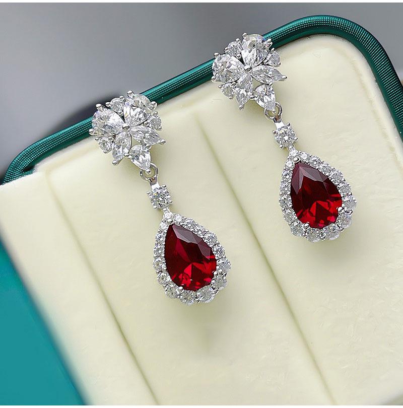 Hui Zhi Yi 2023 Silver Simulated Red Zircon Drop Earrings - European & American Trend