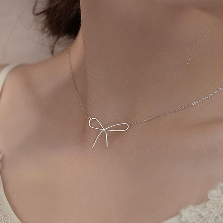 Women's Simple Cold Style Bow Pendant Clavicle Necklace - 925 Sterling Silver, Summer Jewelry
