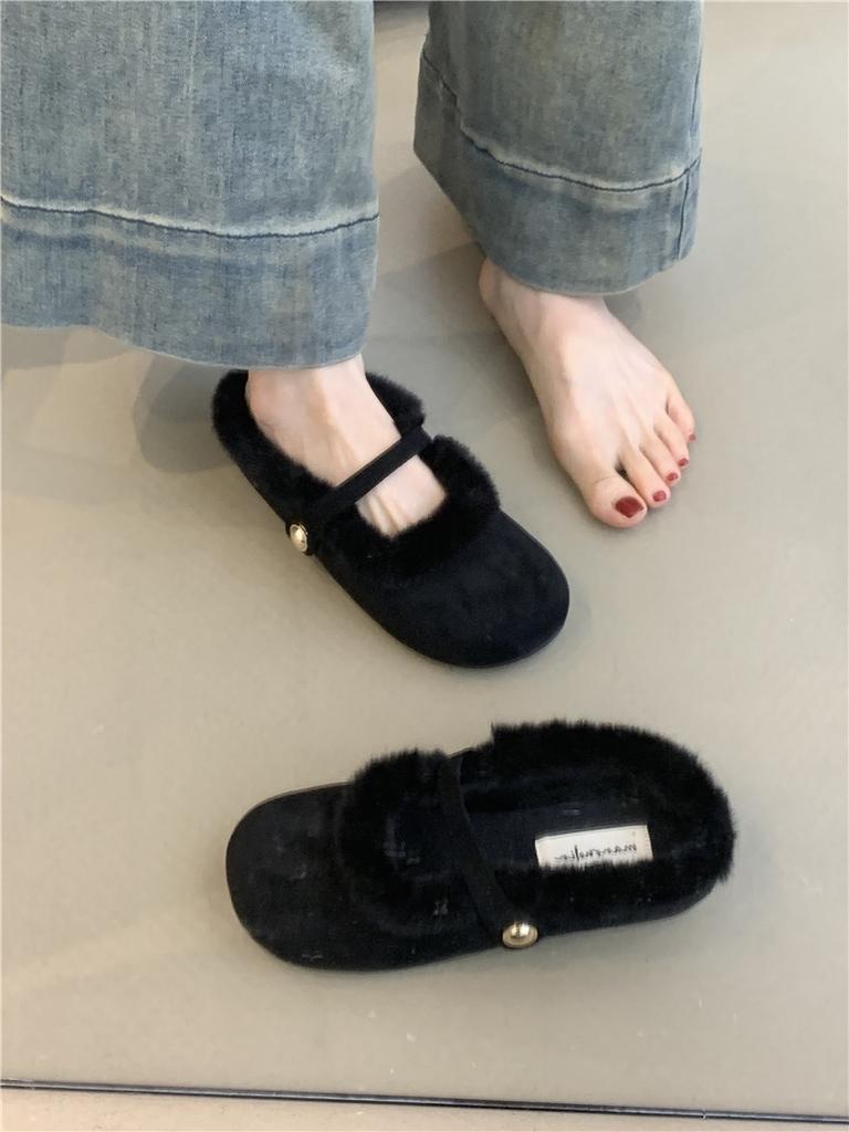 2025 new French temperament elegant leopard print one word velvet bag head half slippers gentle fairy fluffy shoes woman