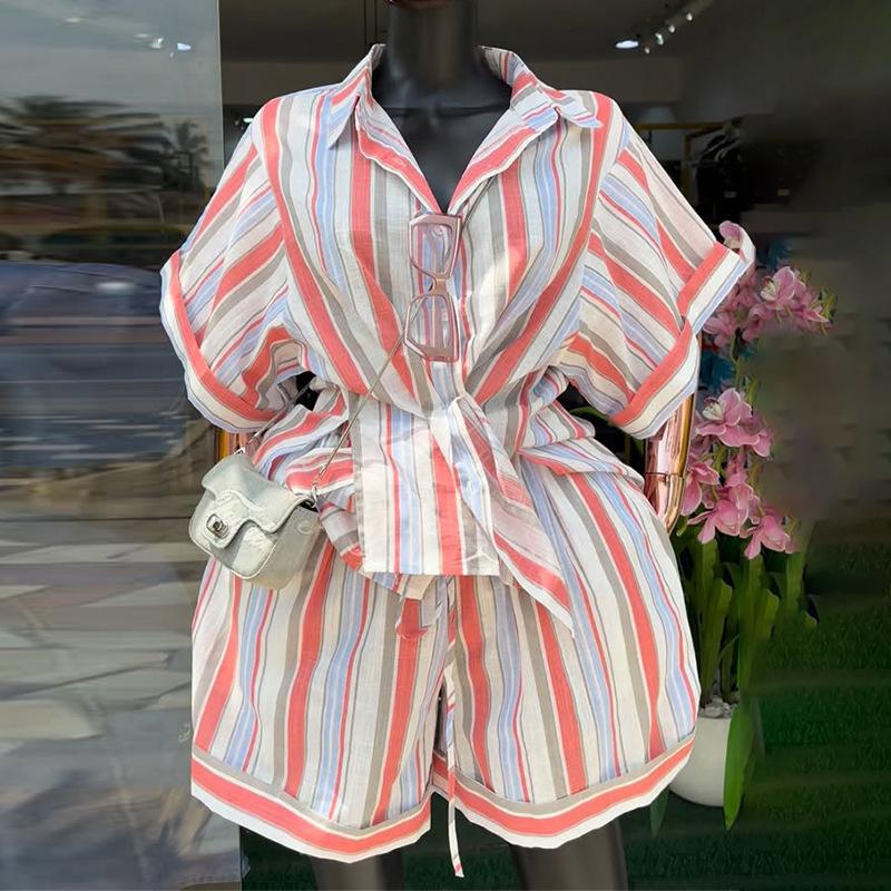 European & American Women's Striped Short-Sleeve Shirt & High-Waisted Shorts Set - Summer 2026 Collection