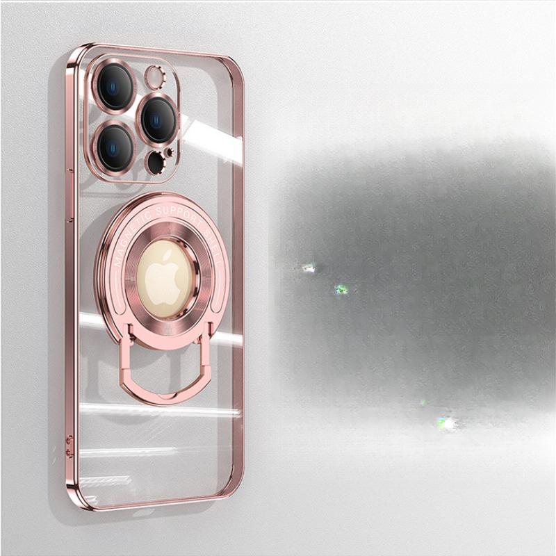 

Применимо к iPhone16ProMax Магнитный чехол-подставка с выдвижной штангой, Прозрачный защитный чехол с гальваническим покрытием для Apple 15 Apple 11Promax розовый