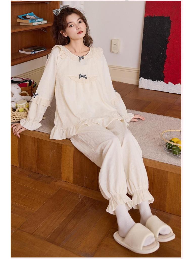 Women's French Court Style Cotton Pajama Set with Chest Pads - Long Sleeve, Long Pants for Spring & Autumn.