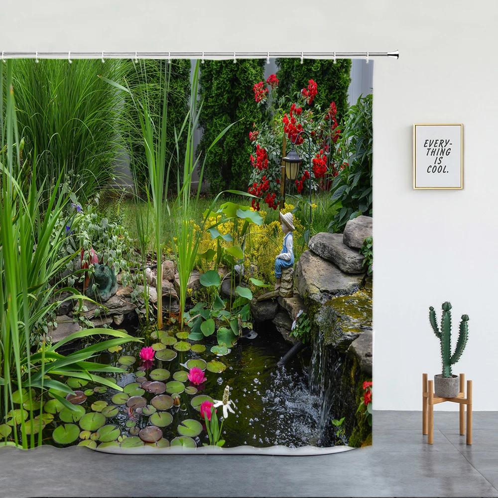 Spring Garden Landscape Shower Curtains Green Plants Flowers Creek Natural Scenery Bath Curtains Bathroom Decor With Hooks